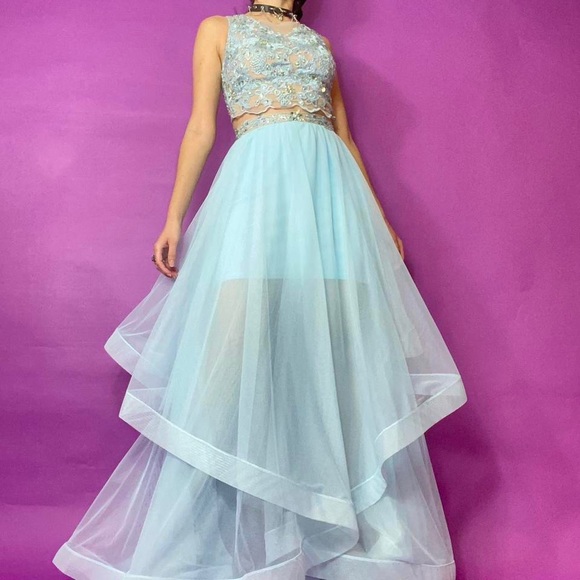 y2k vintage prom dress 2 pc set pastel blue tulle rhinestone embellished XS - Picture 1 of 10